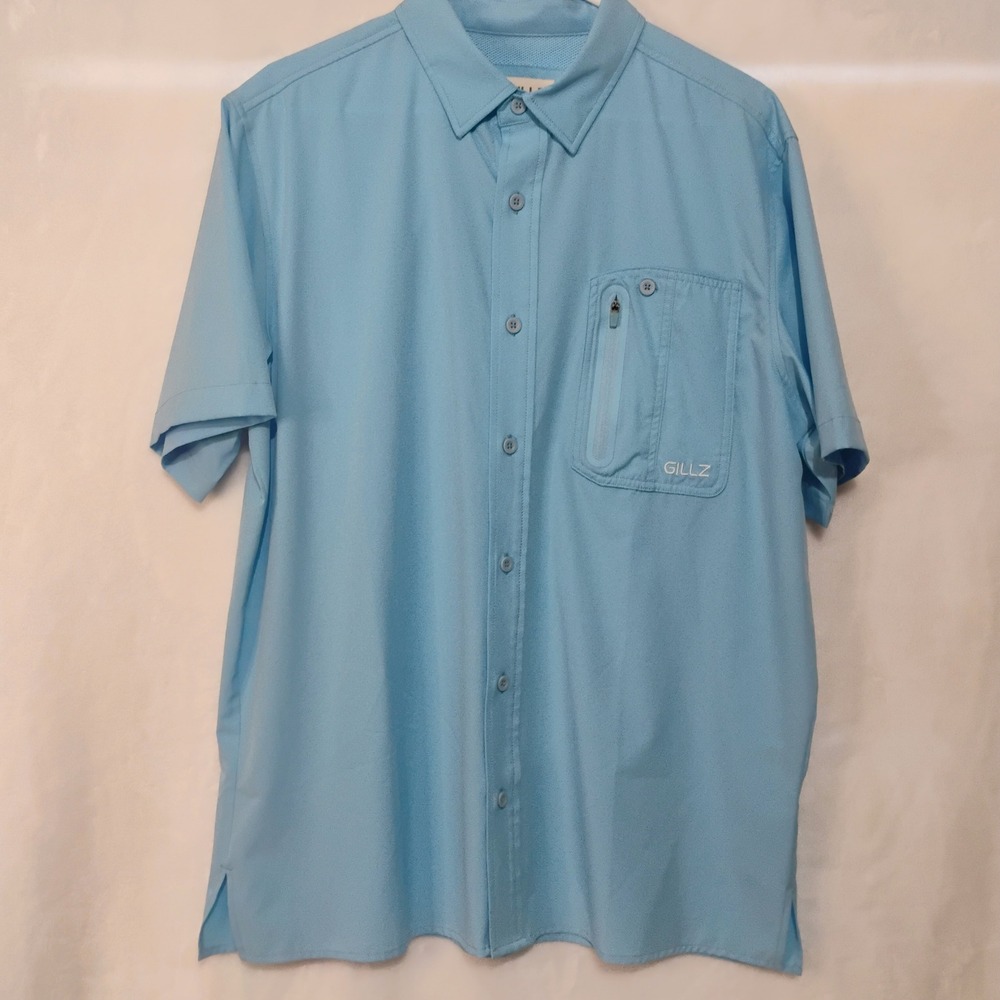 Gillz Mens Medium Performance Fishing Shirt Blue Short Sleeve Vented Button Y